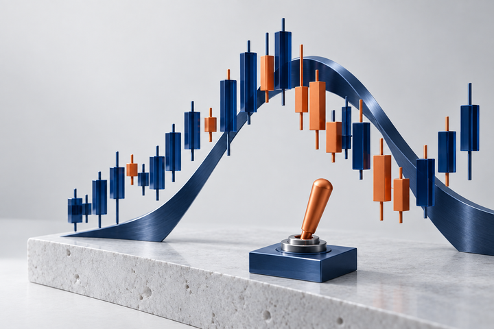 A sculptural navy and copper trading chart with a control switch