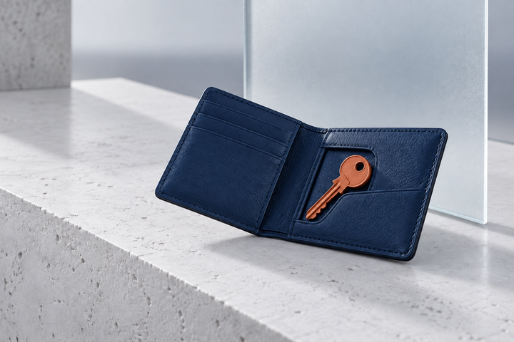A navy wallet holding a copper key